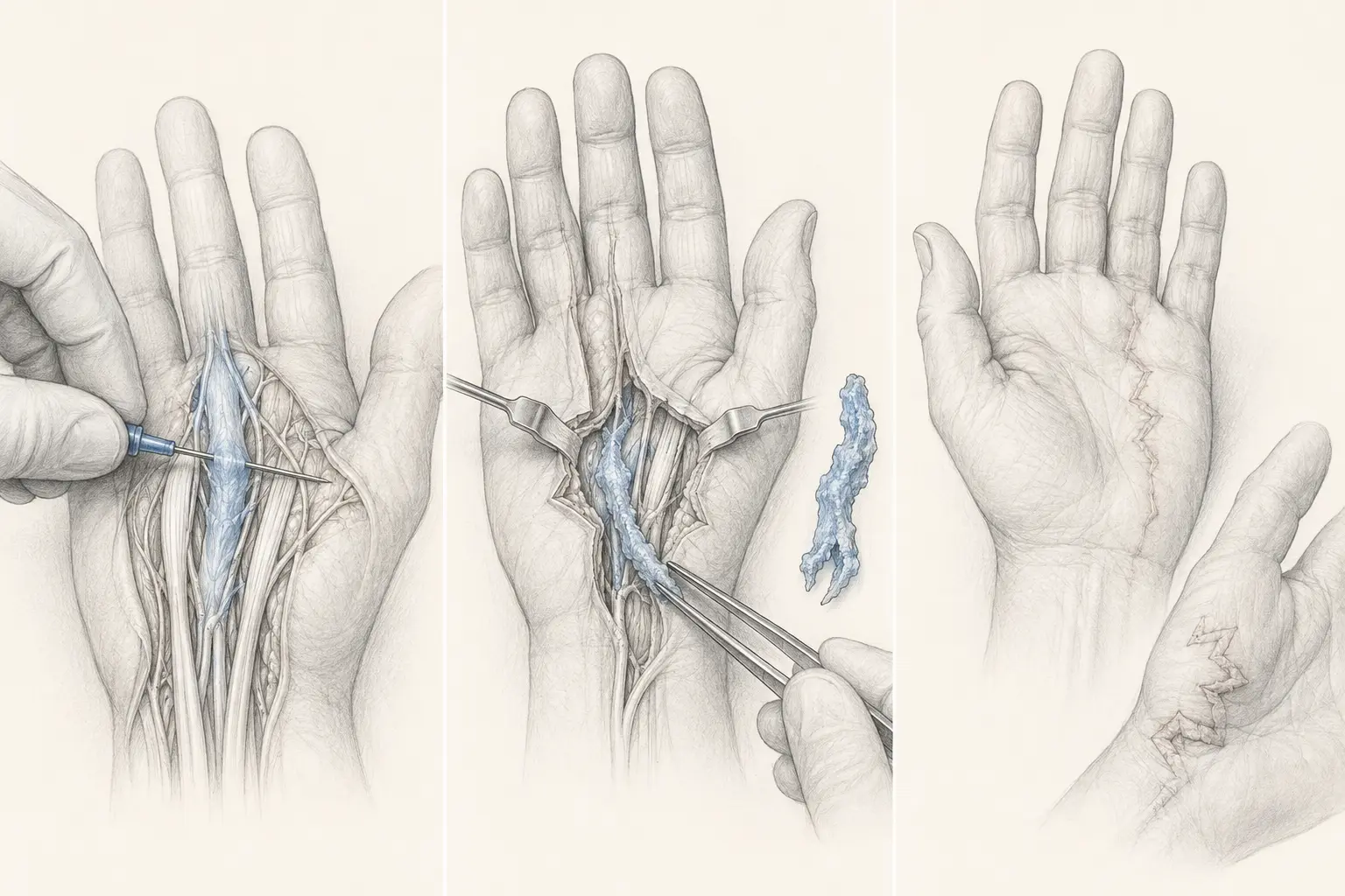 Aponévrotomie à l’aiguille, aponévrectomie et cicatrices de la maladie de Dupuytren