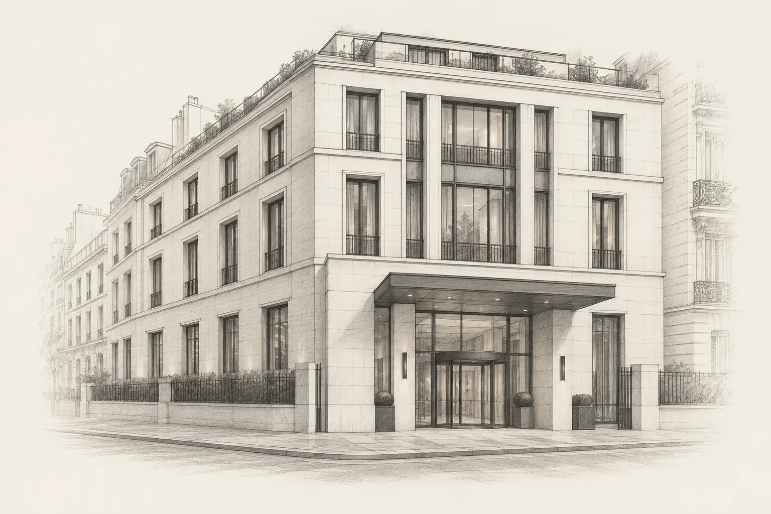 Illustration architecturale graphite de la Clinique Internationale du Parc Monceau