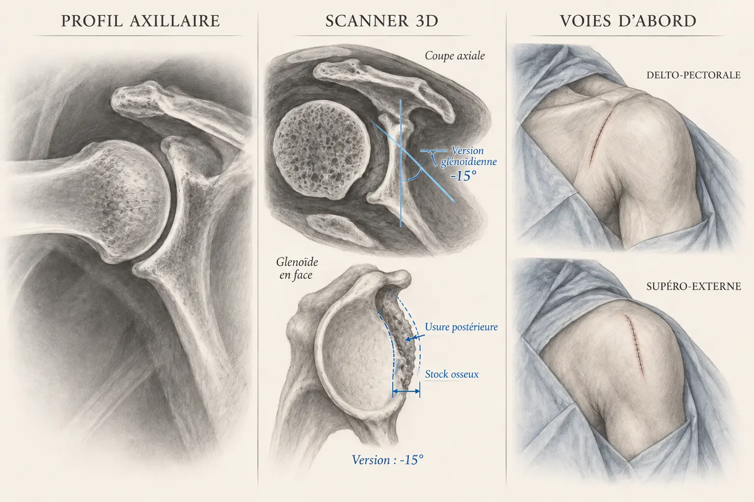 Profil axillaire, scanner de la glène et voies d’abord de la prothèse d’épaule