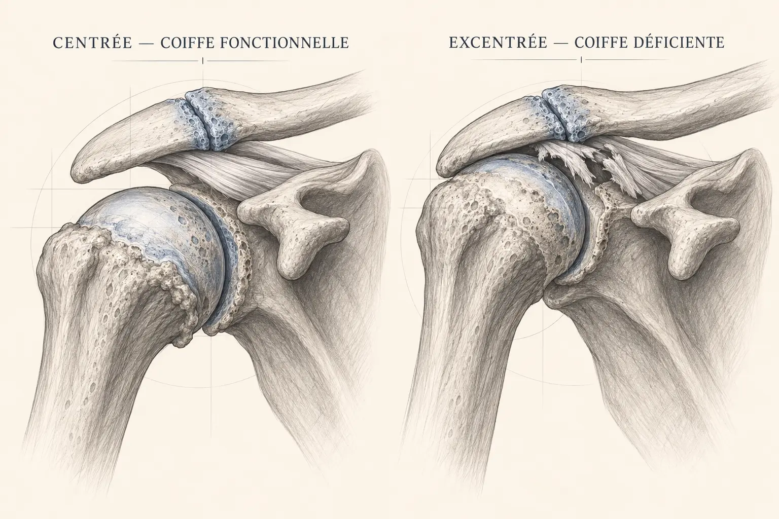 Comparaison anatomique d’une omarthrose centrée et d’une omarthrose excentrée